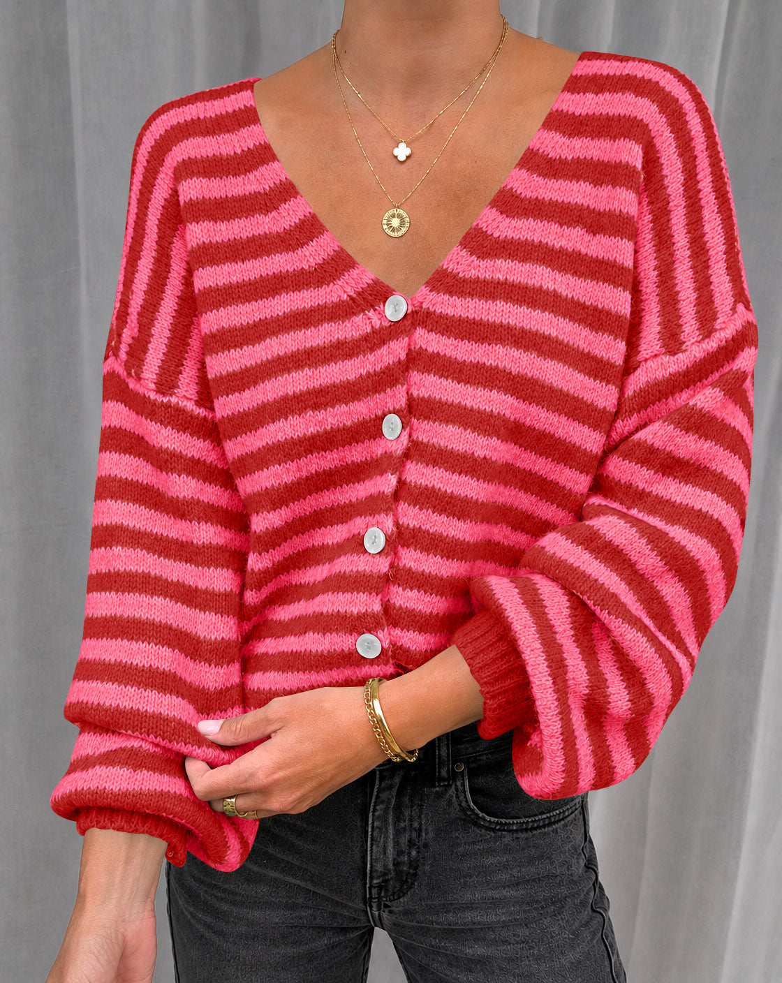 usvara Women Striped V-Neck Knit Cardigan Sweater