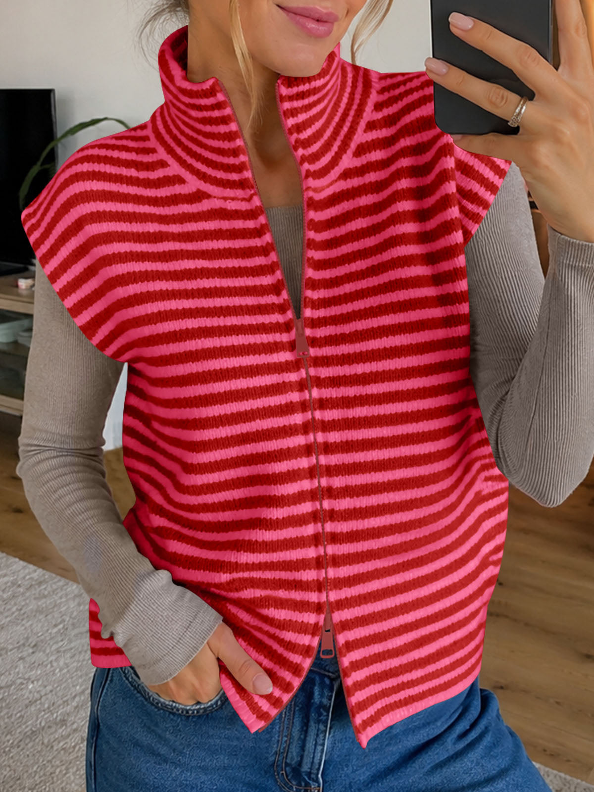 usvara Women Striped Zip Up Knit Cardigan