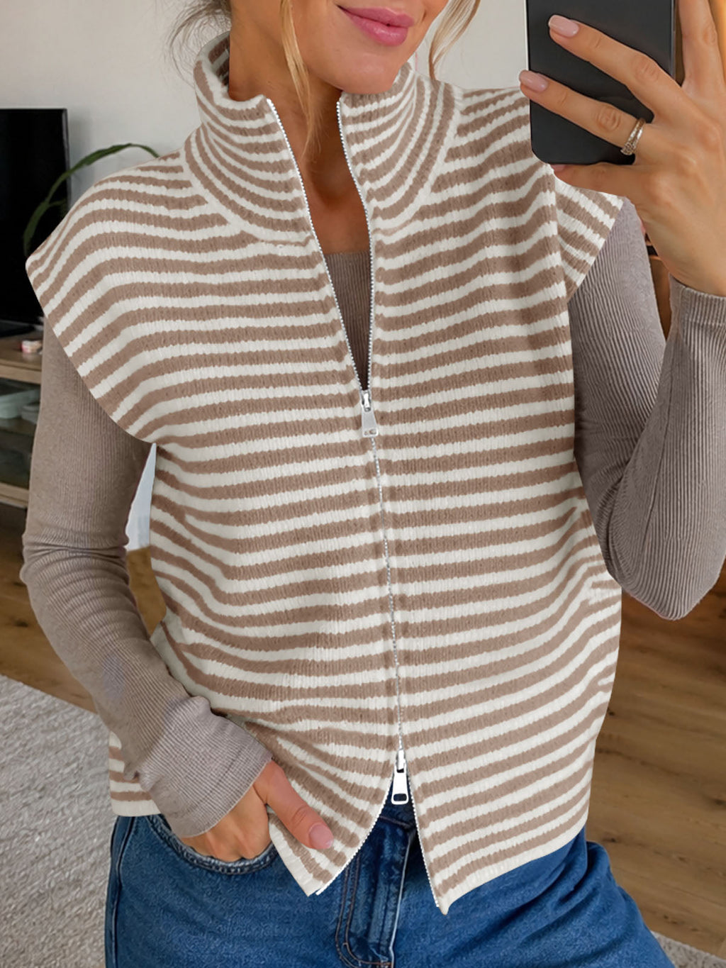 usvara Women Striped Zip Up Knit Cardigan