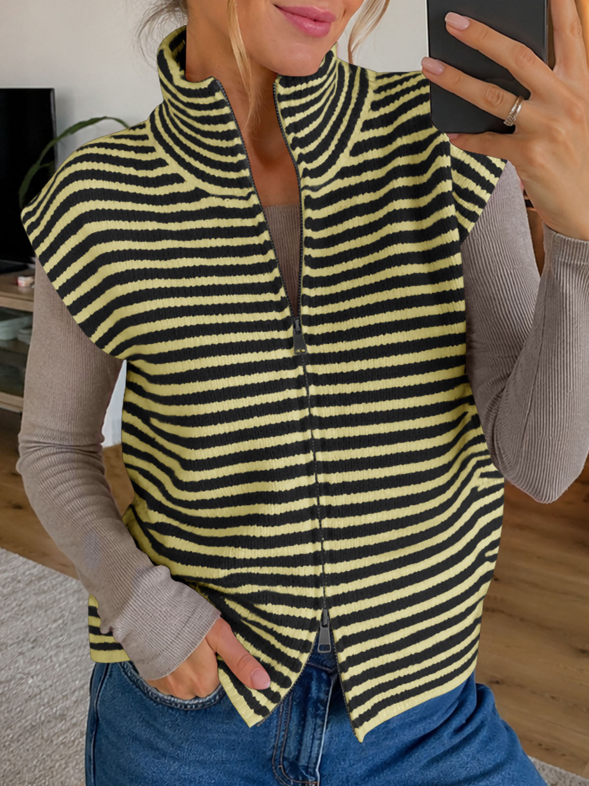 usvara Women Striped Zip Up Knit Cardigan