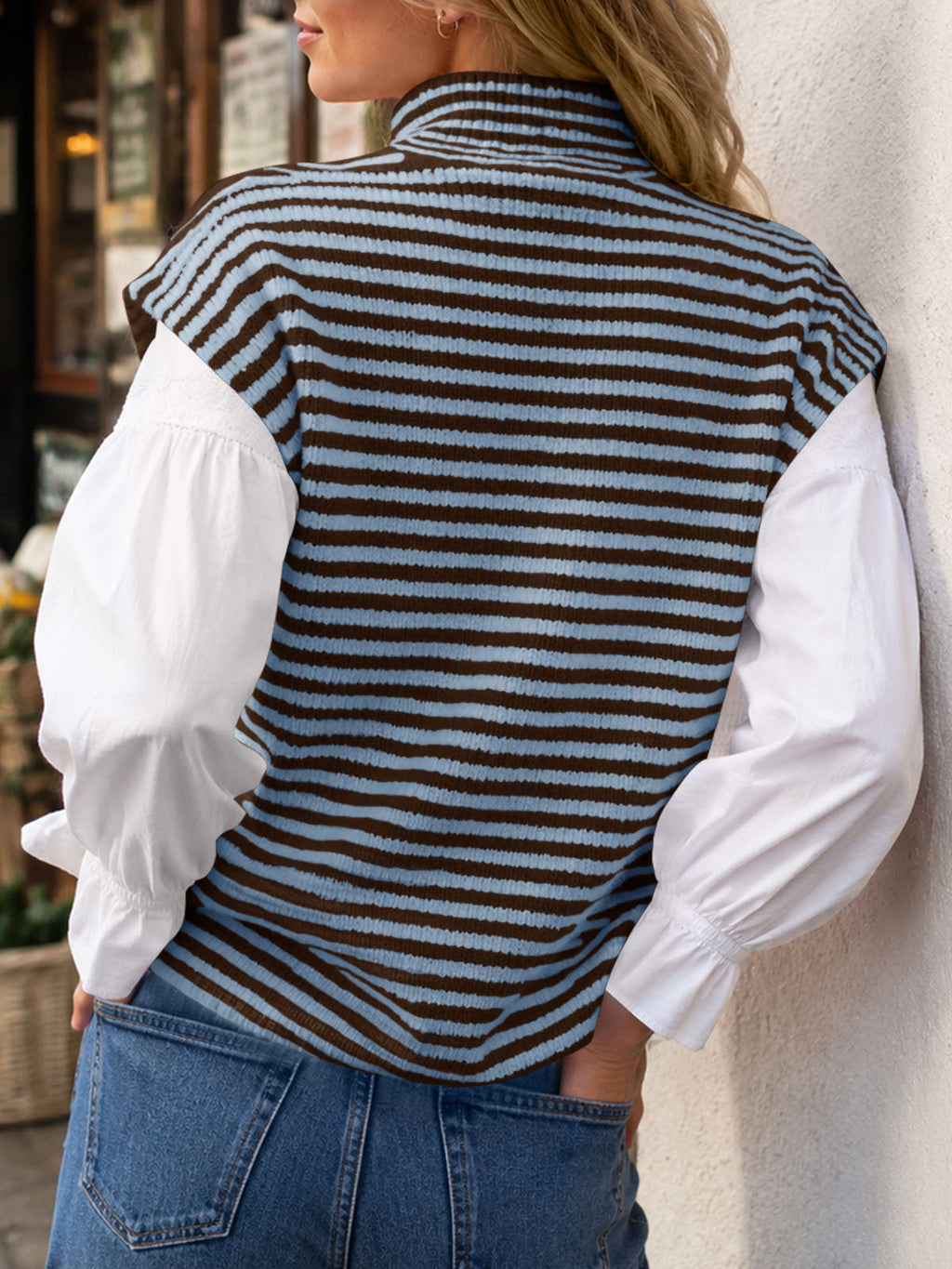 usvara Women Striped Zip Up Knit Cardigan