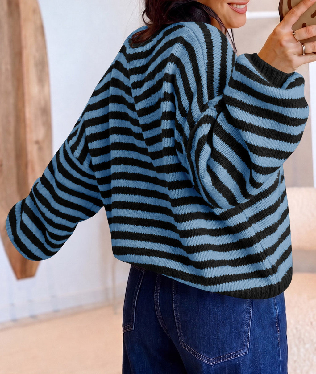 usvara Women Striped V-Neck Knit Cardigan Sweater
