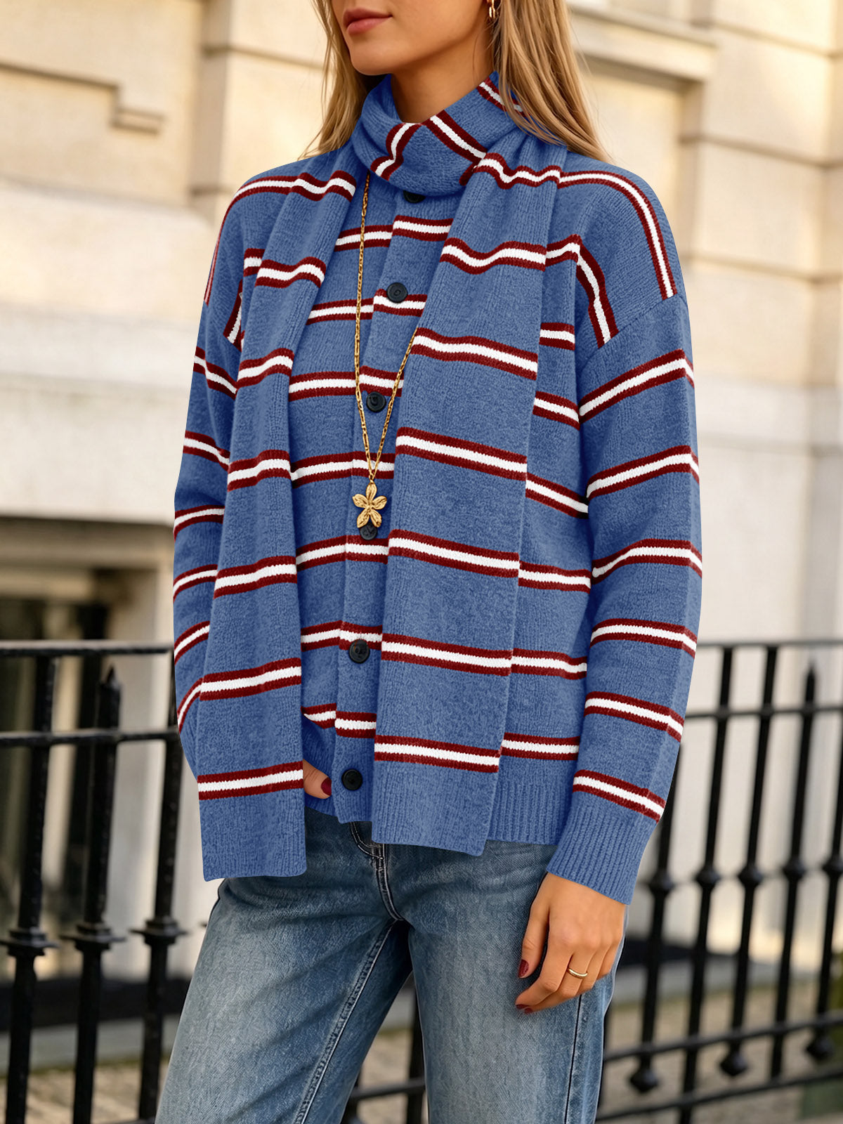 usvara Striped Knit Button Cardigan
