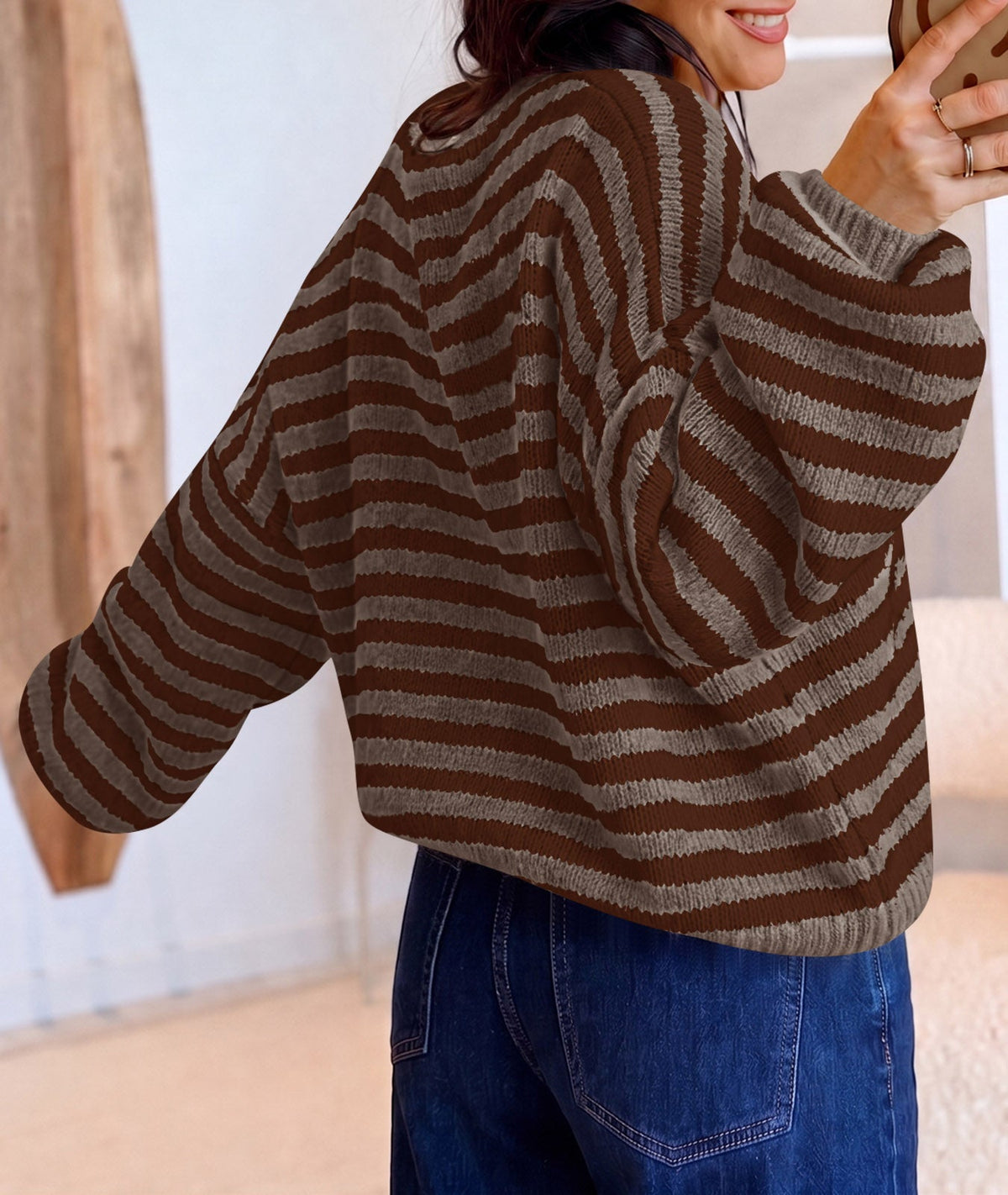 usvara Women Striped V-Neck Knit Cardigan Sweater
