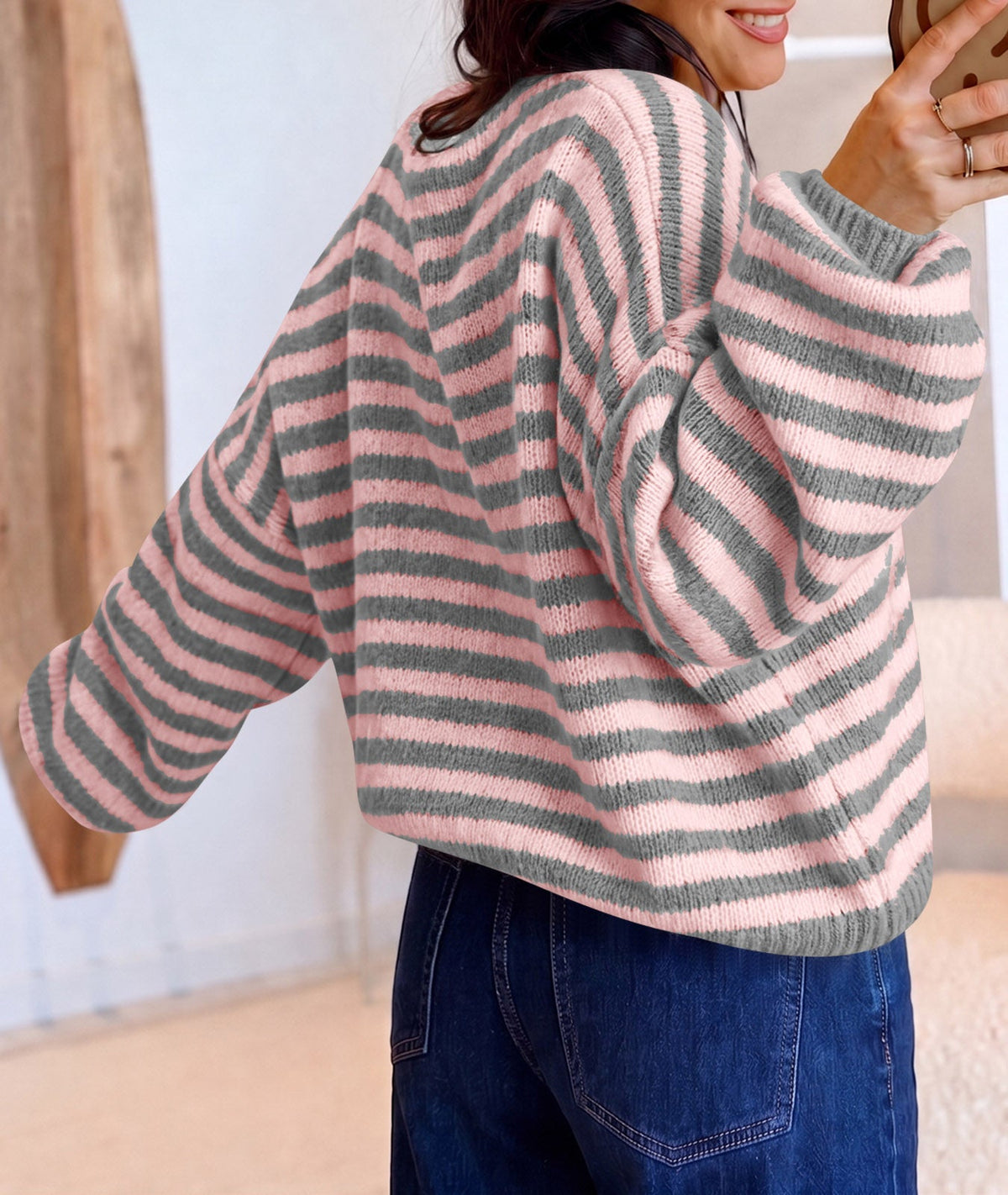 usvara Women Striped V-Neck Knit Cardigan Sweater