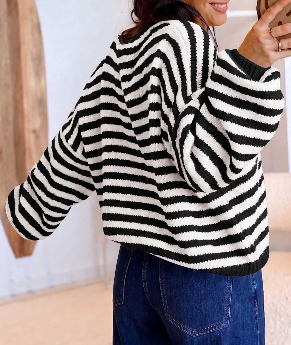 usvara Women Striped V-Neck Knit Cardigan Sweater