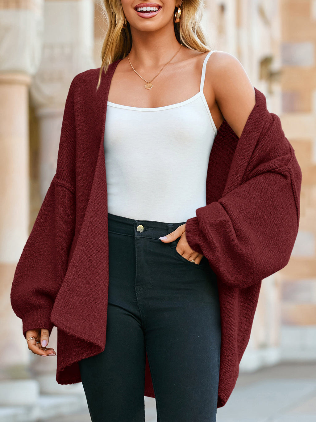 Usvara Womens Oversized Lantern Sleeve Chunky Knit Open-Front Cardigan Sweater