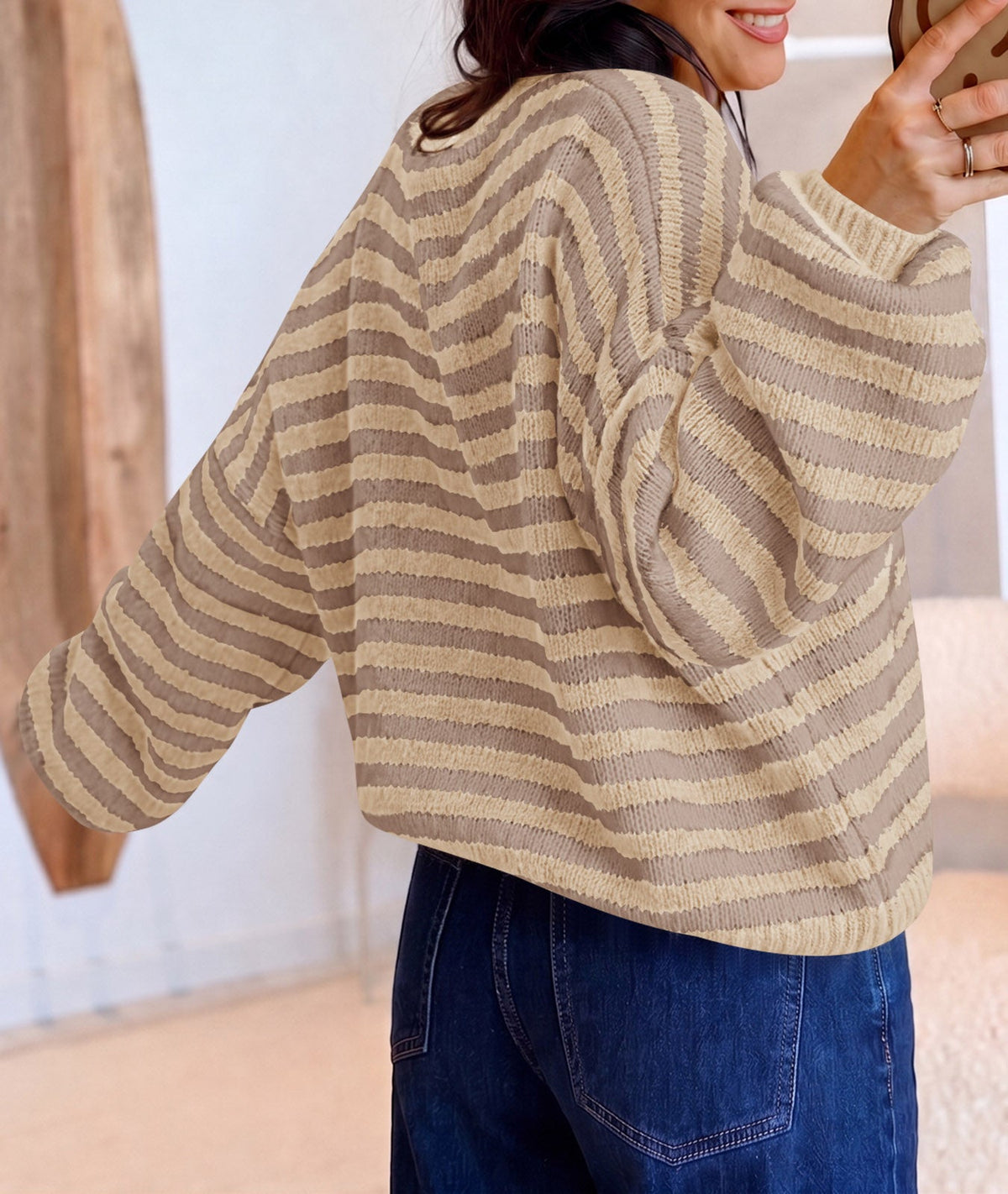 usvara Women Striped V-Neck Knit Cardigan Sweater