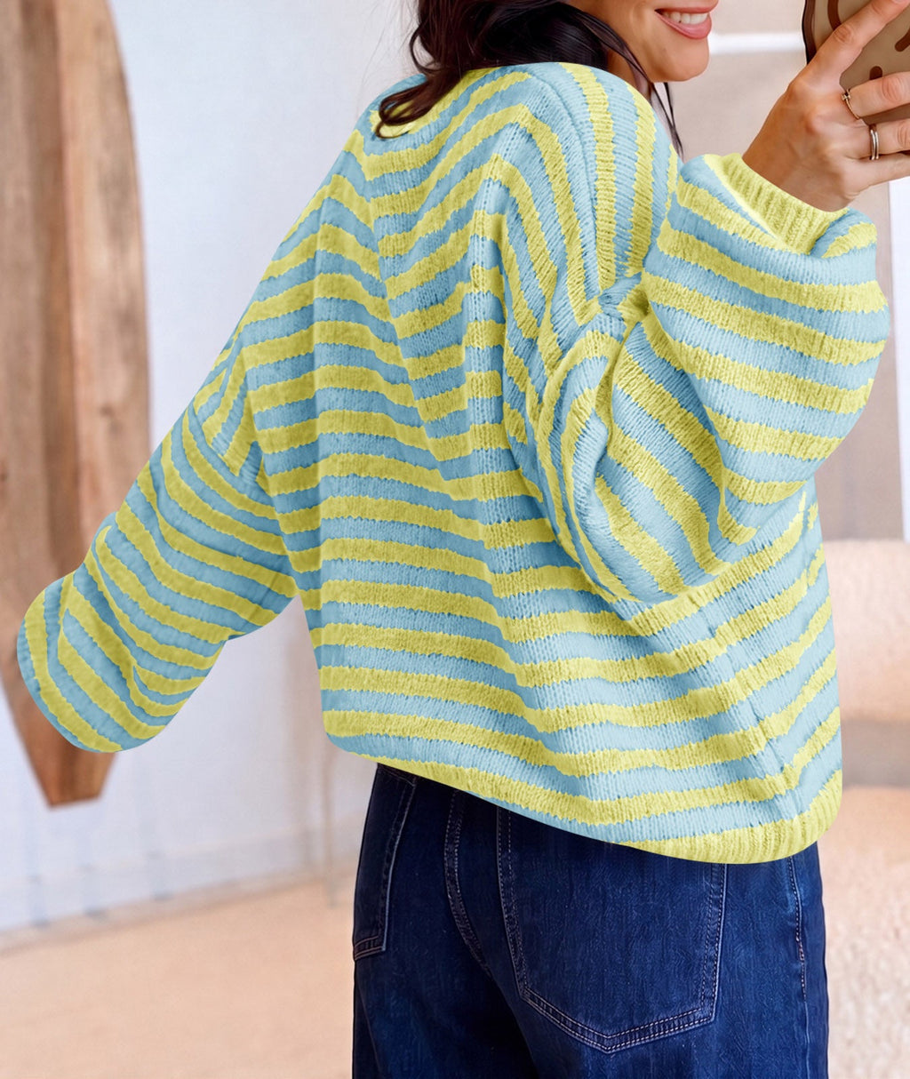 usvara Women Striped V-Neck Knit Cardigan Sweater