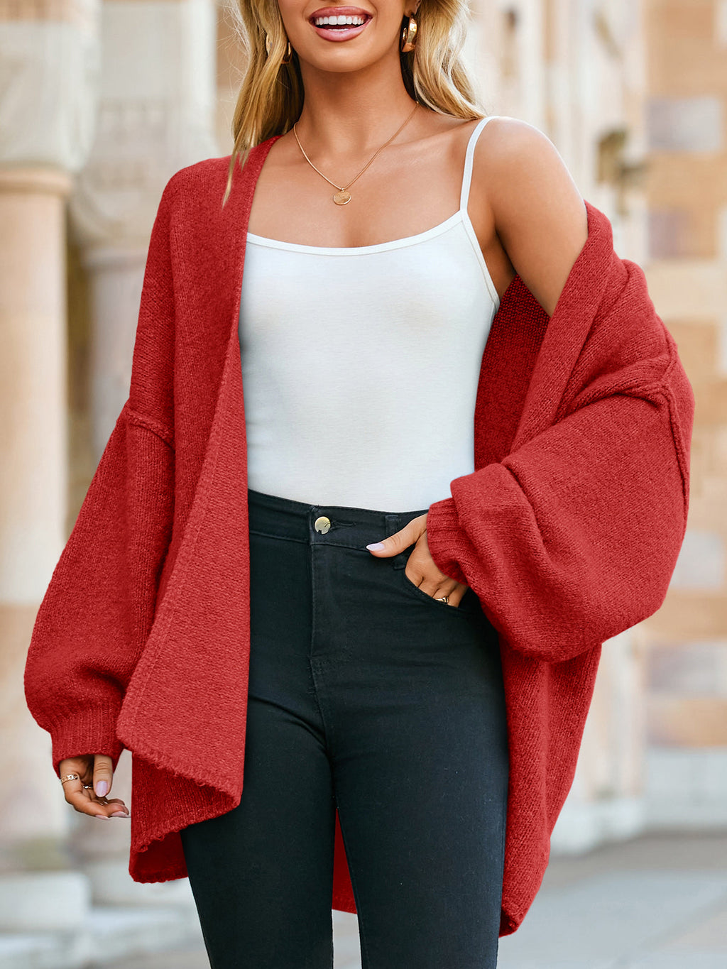 Usvara Womens Oversized Lantern Sleeve Chunky Knit Open-Front Cardigan Sweater