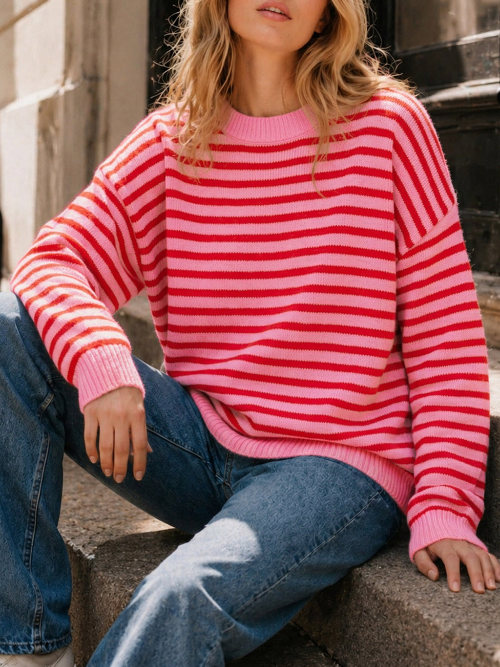 usvara Women Oversized Striped Crew Neck Pullover Sweater