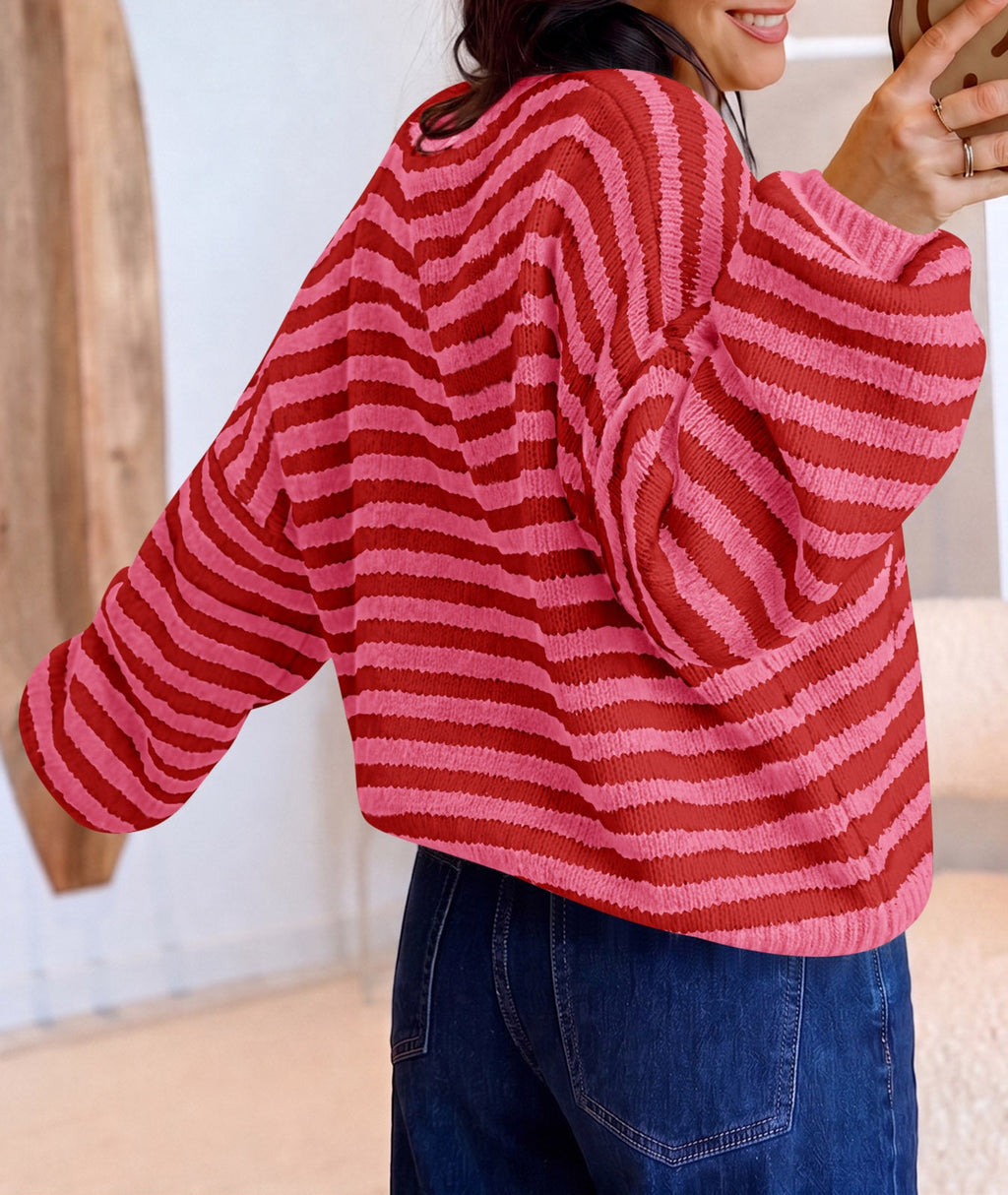 usvara Women Striped V-Neck Knit Cardigan Sweater