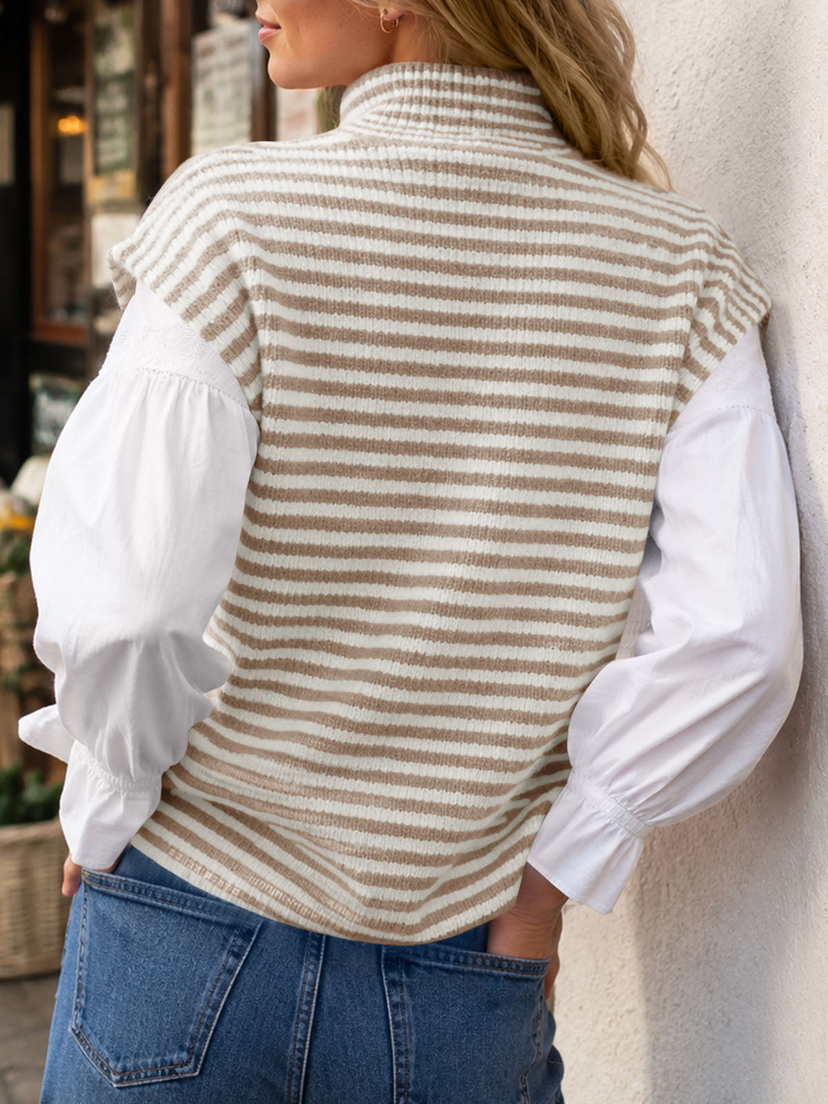 usvara Women Striped Zip Up Knit Cardigan