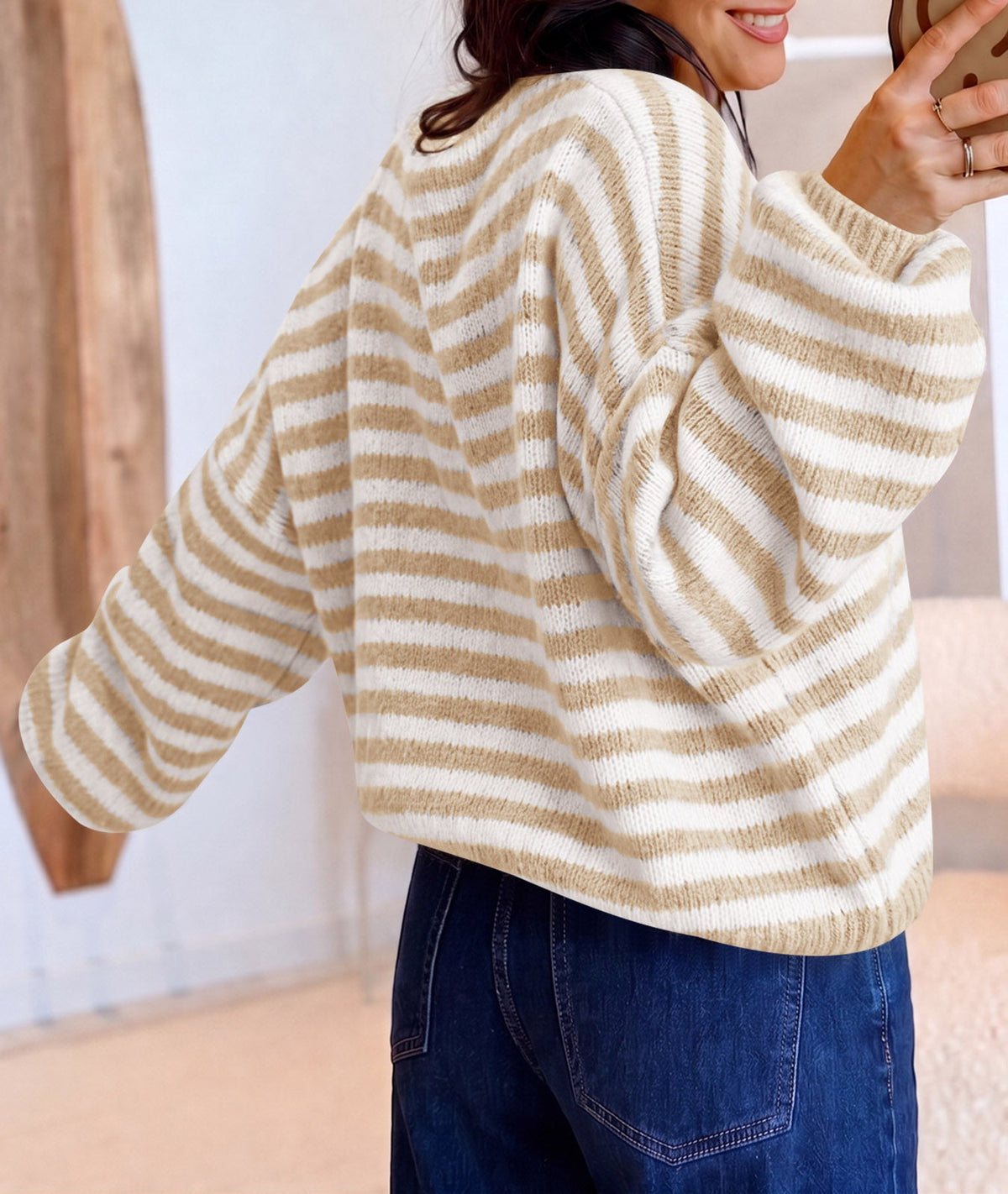 usvara Women Striped V-Neck Knit Cardigan Sweater