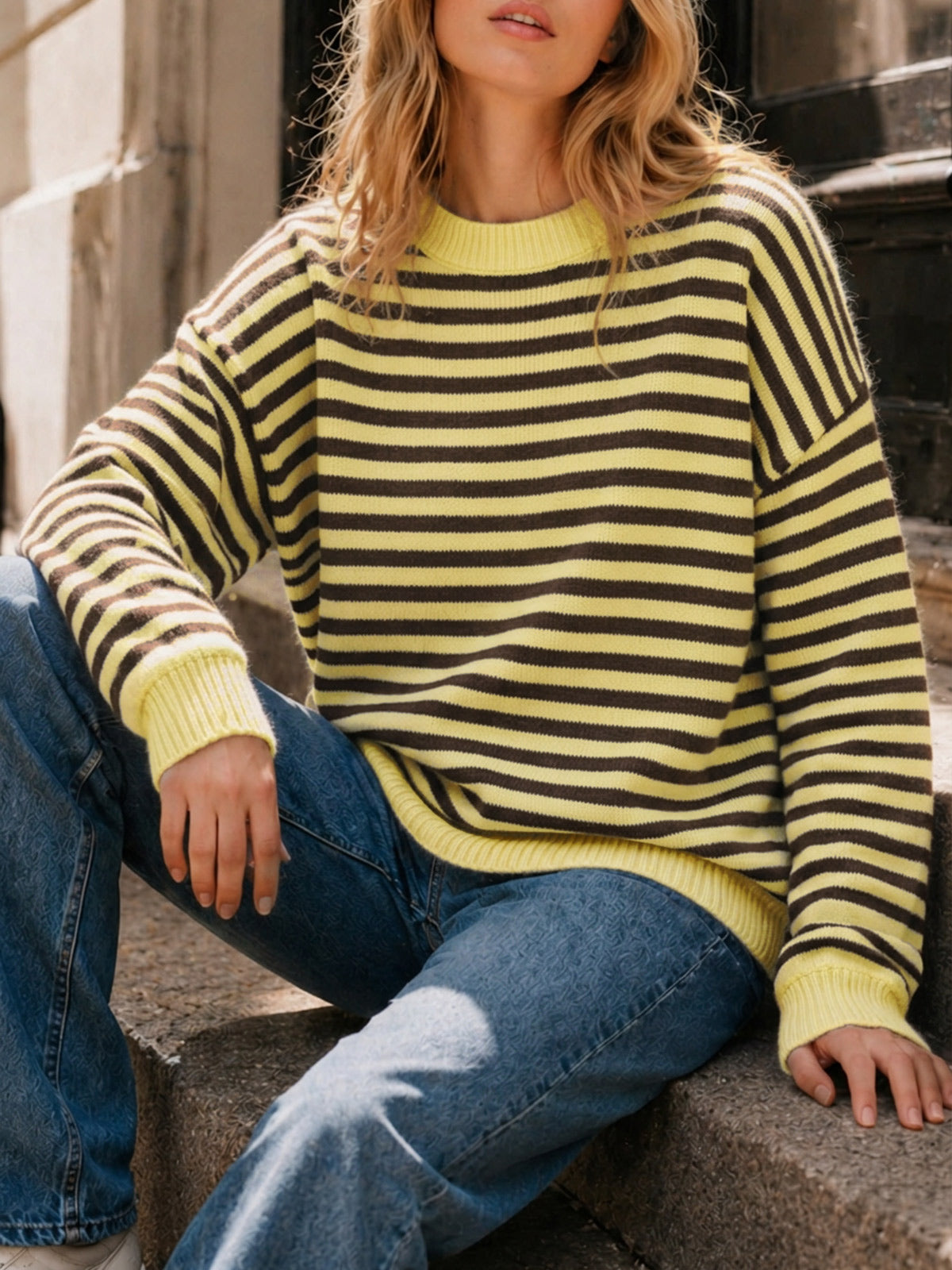 usvara Women Oversized Striped Crew Neck Pullover Sweater