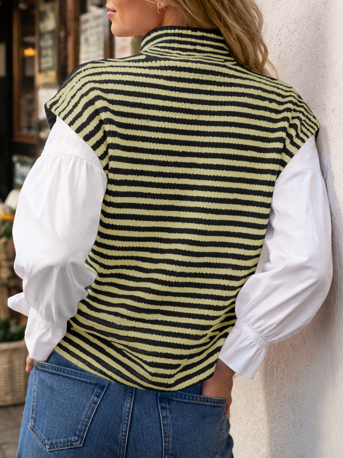 usvara Women Striped Zip Up Knit Cardigan
