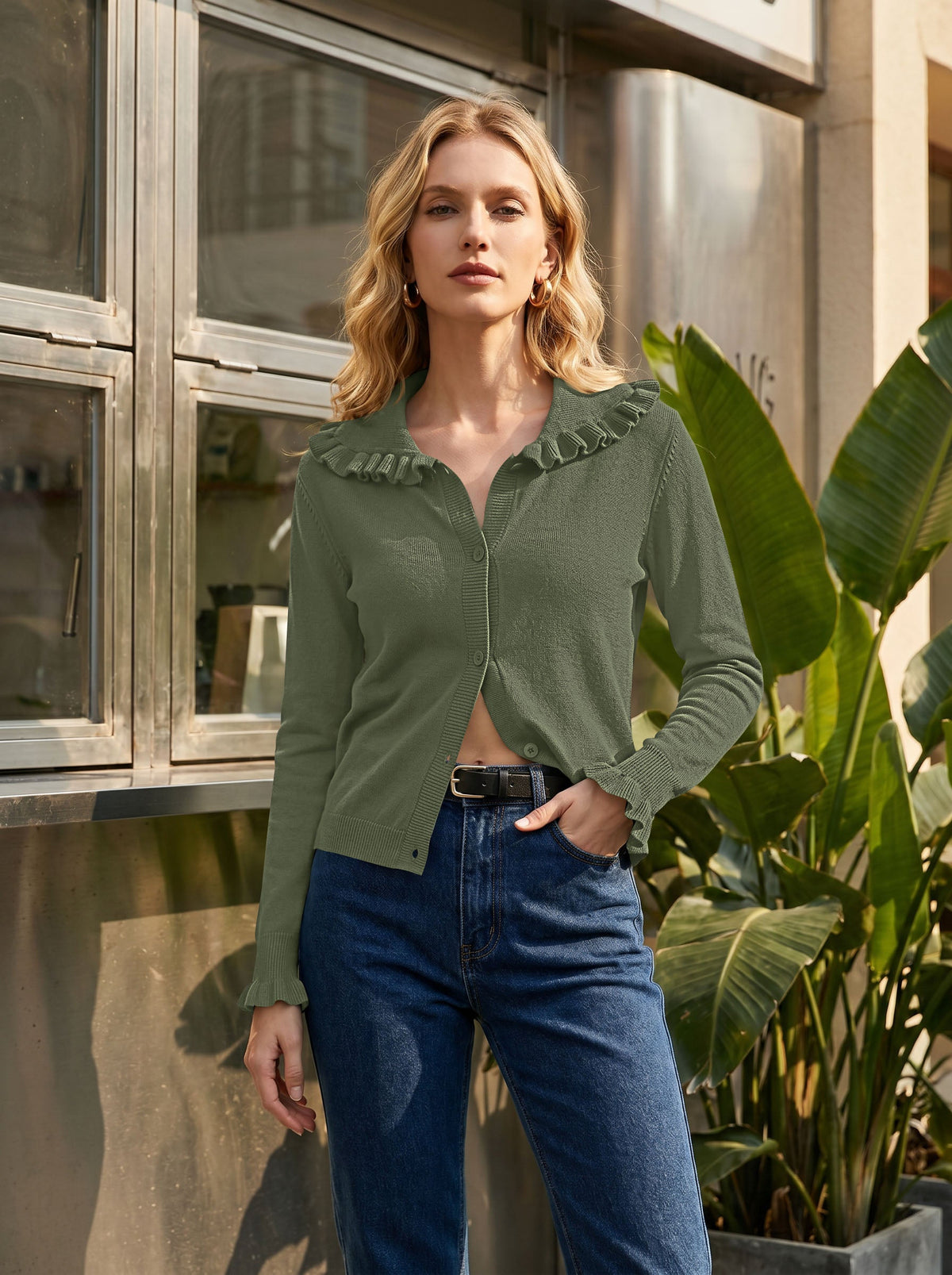 usvara Womens Ruffle Knit Cardigan