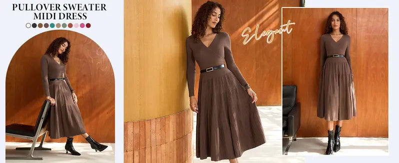 Saodimallsu Women's Cozy Knit V-Neck Deep V-Neck Long-Sleeve Ribbed Polyester A-Type Midi Dress - Fabric-Wrap, Machine-Washable Casual Party Dress