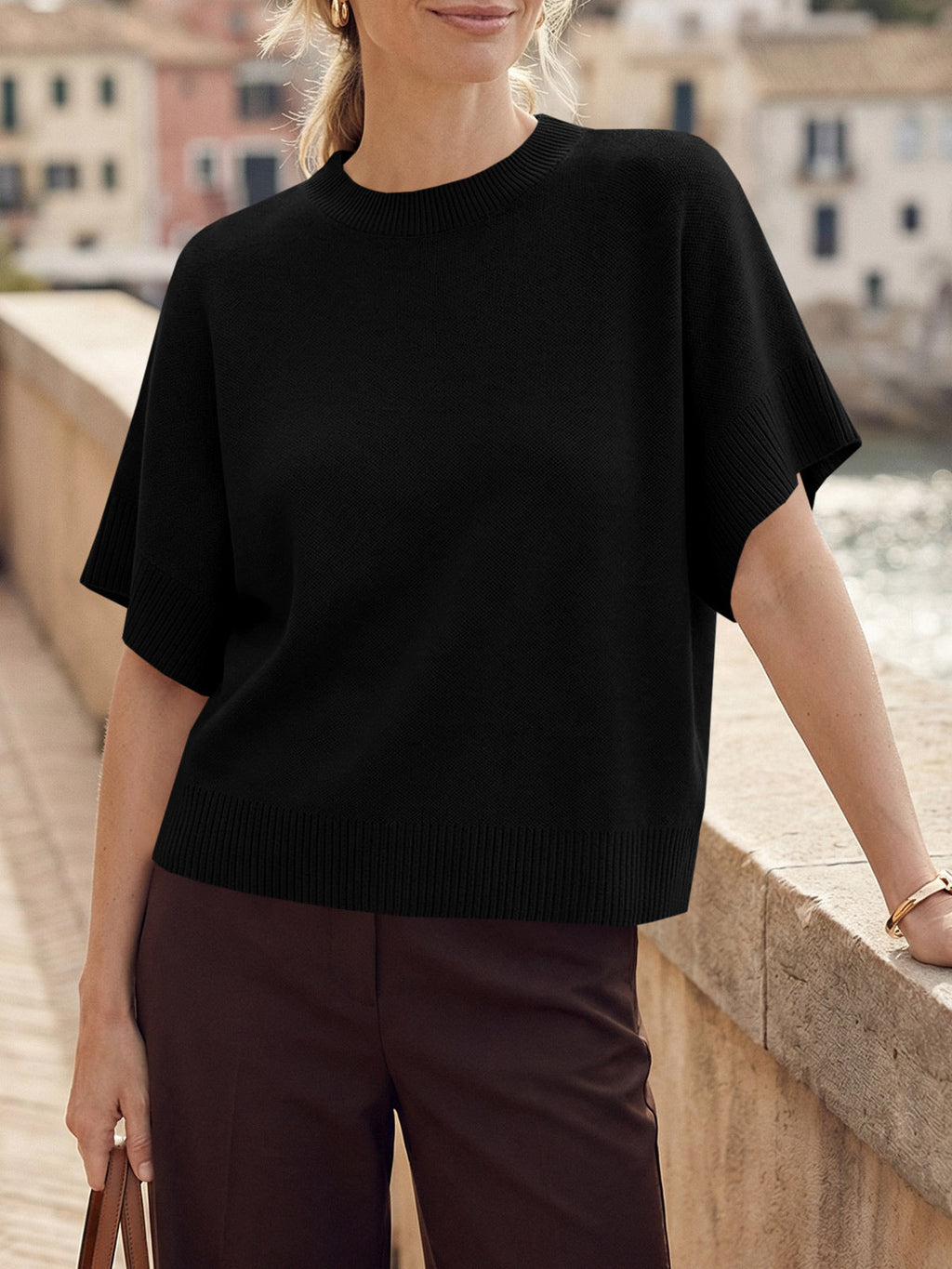 usvara Womens Short Sleeve Crew Neck Knit Sweater