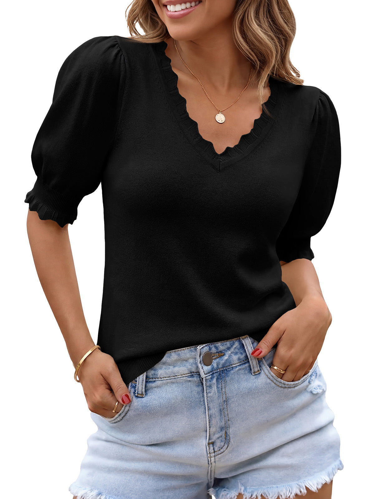 usvara Womens Puff Sleeve V Neck Knit Pullover