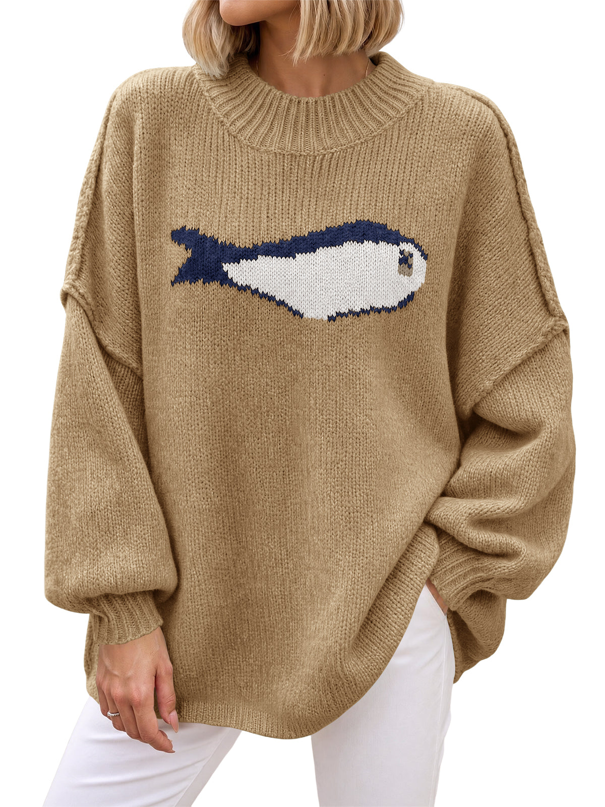 usvara Womens Fish Graphic Oversized Sweater