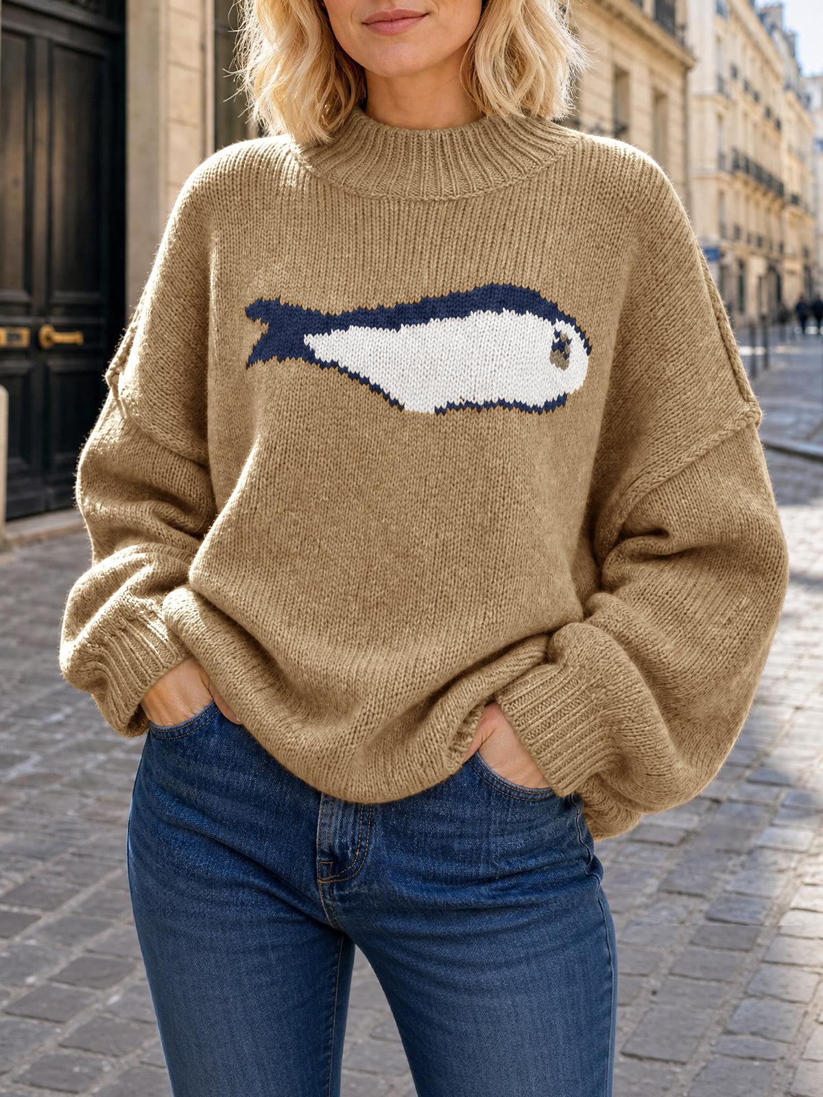 usvara Womens Fish Graphic Oversized Sweater