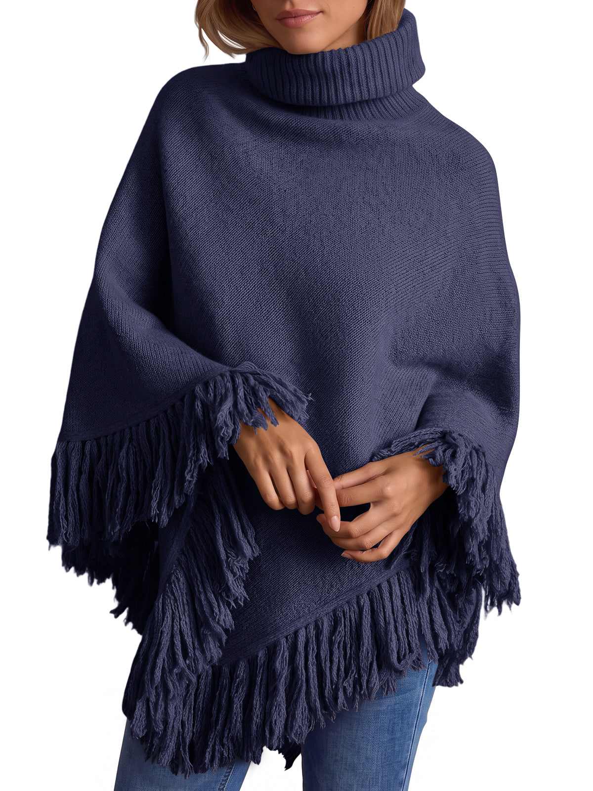 usvara Womens Fringe Turtleneck Poncho Sweater