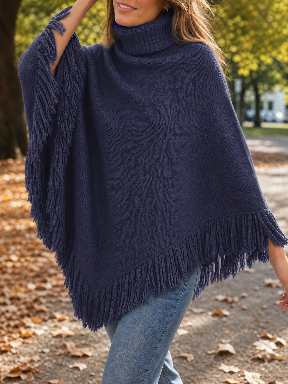 usvara Womens Fringe Turtleneck Poncho Sweater