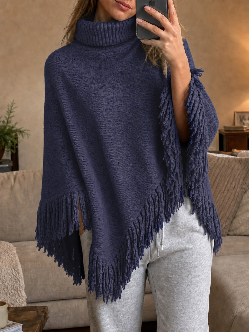 usvara Womens Fringe Turtleneck Poncho Sweater
