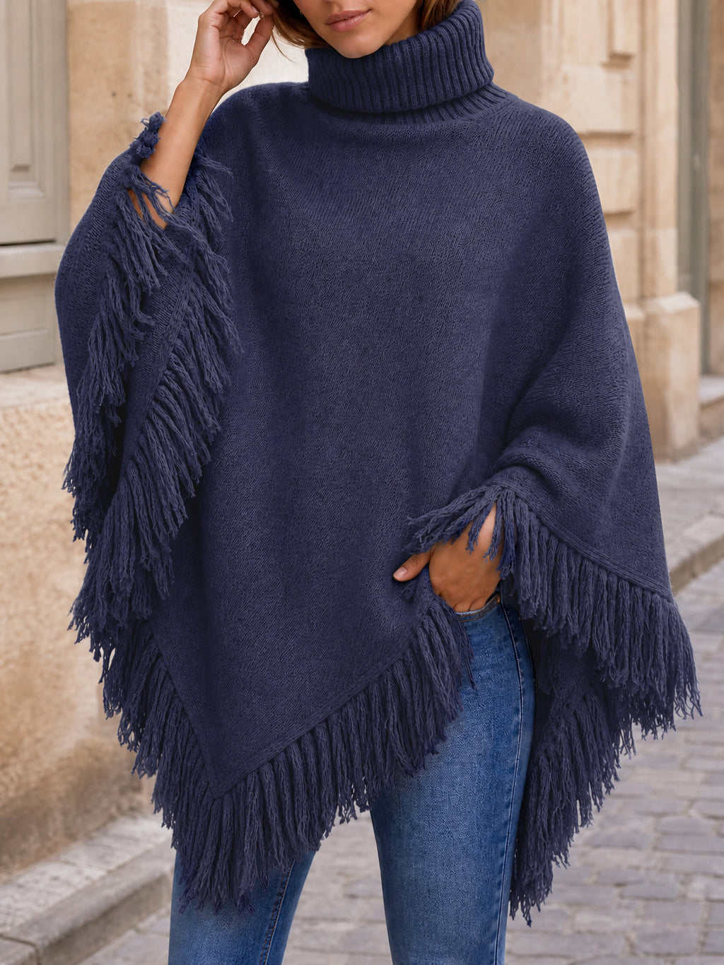 usvara Womens Fringe Turtleneck Poncho Sweater