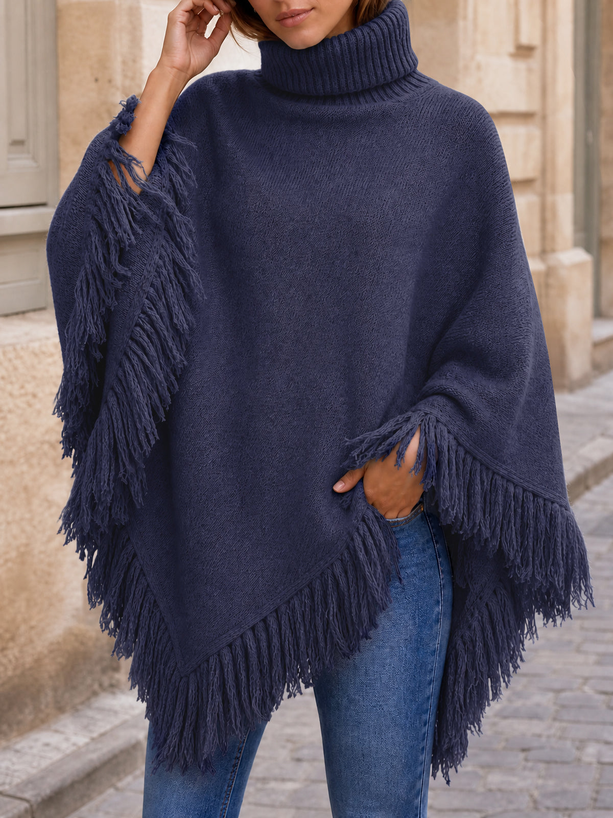 usvara Womens Fringe Turtleneck Poncho Sweater