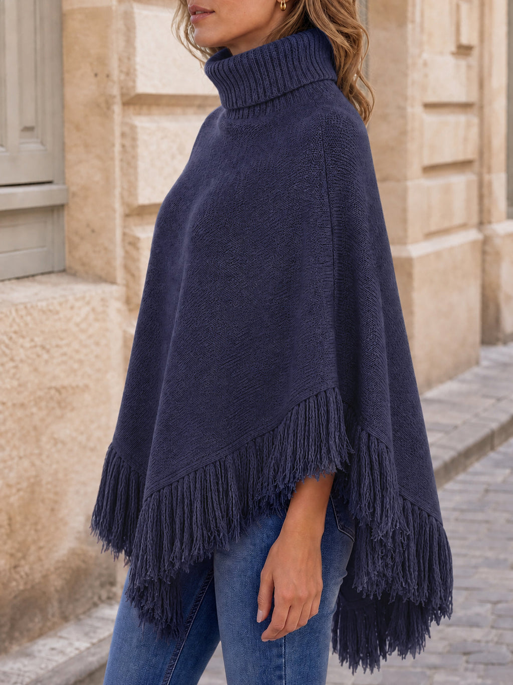 usvara Womens Fringe Turtleneck Poncho Sweater
