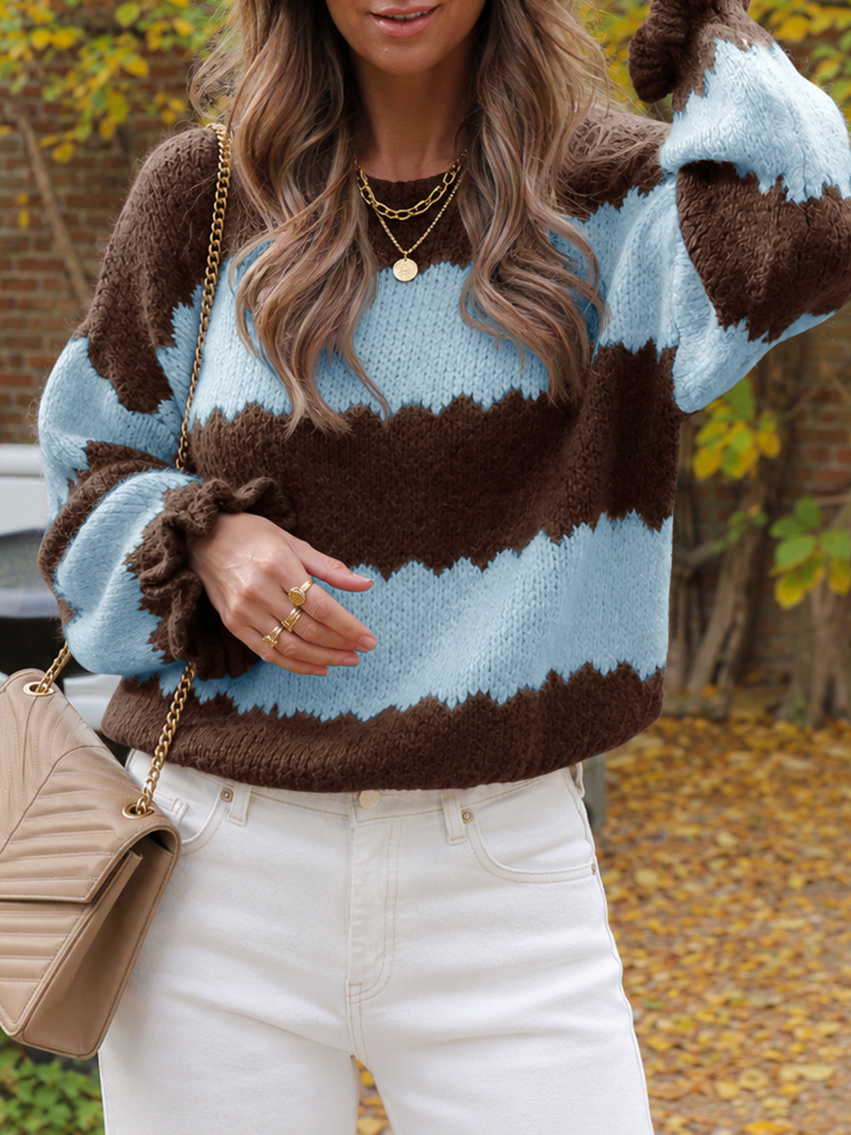 usvara Womens Striped Color Block Ruffle Sweaters