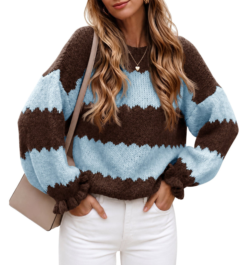 usvara Womens Striped Color Block Ruffle Sweaters