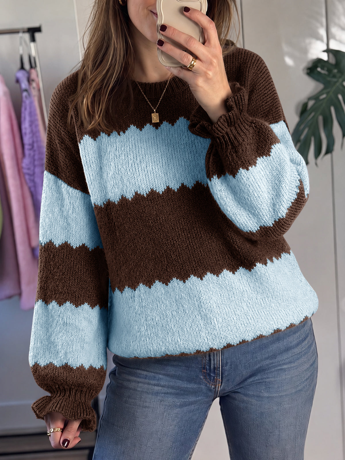 usvara Womens Striped Color Block Ruffle Sweaters
