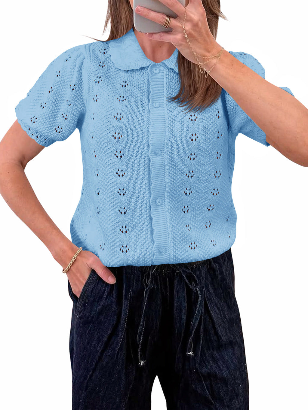 usvara Women Crochet Puff Sleeve Cardigan