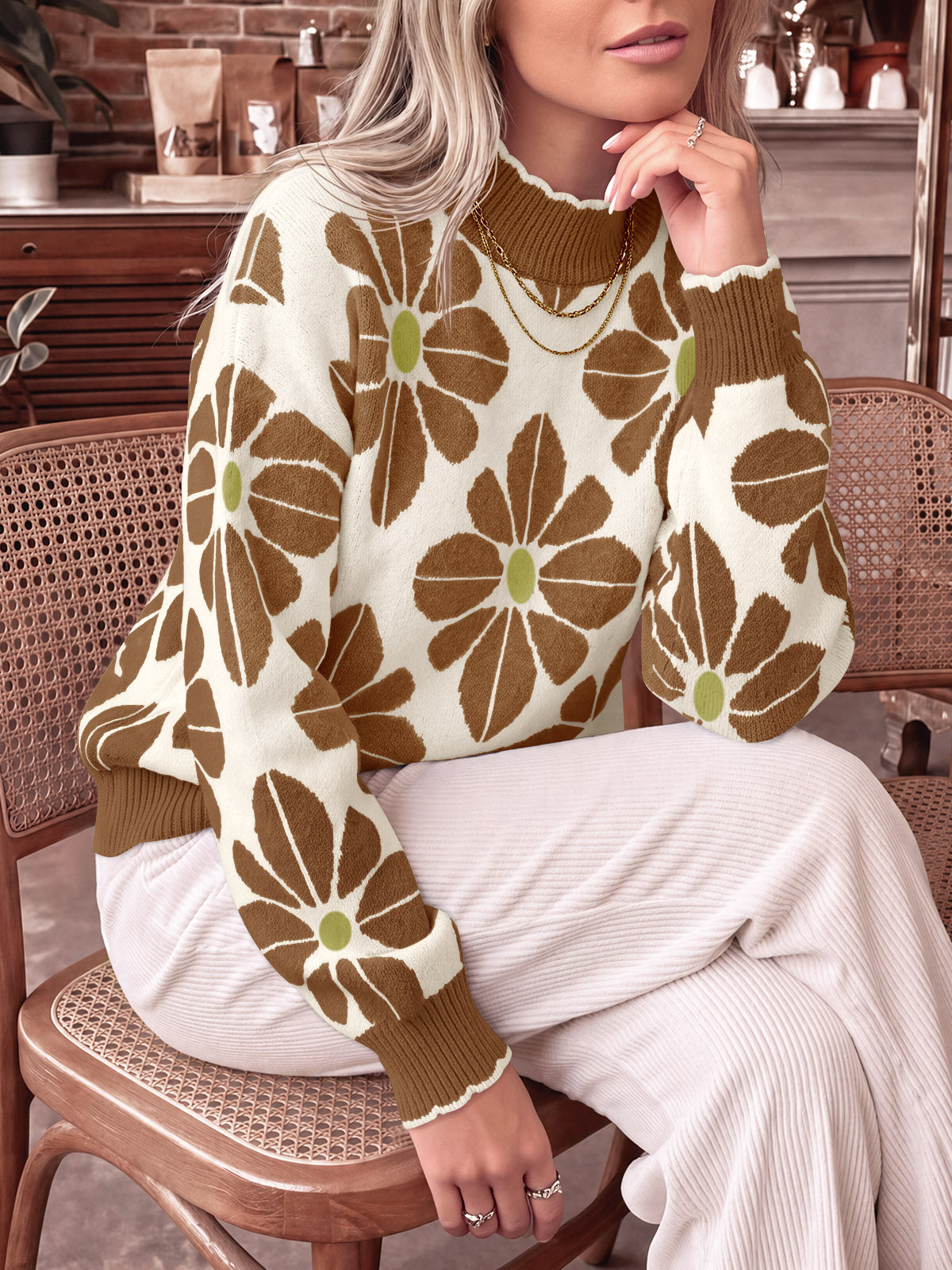 usvara Womens Mock Neck Floral Knit Sweater