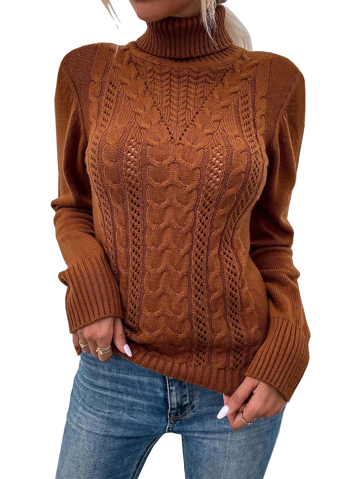 usvara Women Turtleneck Cable Knit Sweater
