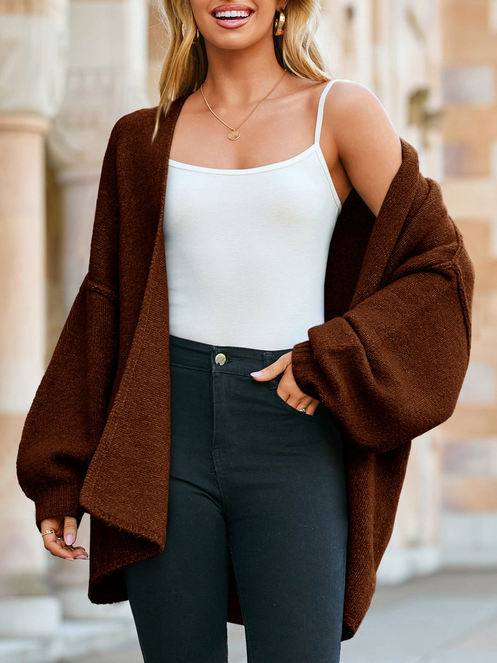 Usvara Womens Oversized Lantern Sleeve Chunky Knit Open-Front Cardigan Sweater