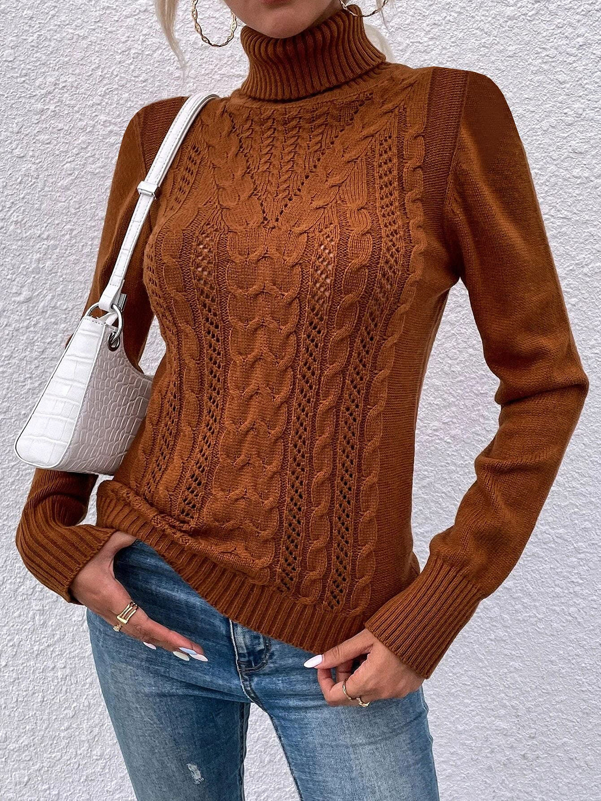 usvara Women Turtleneck Cable Knit Sweater