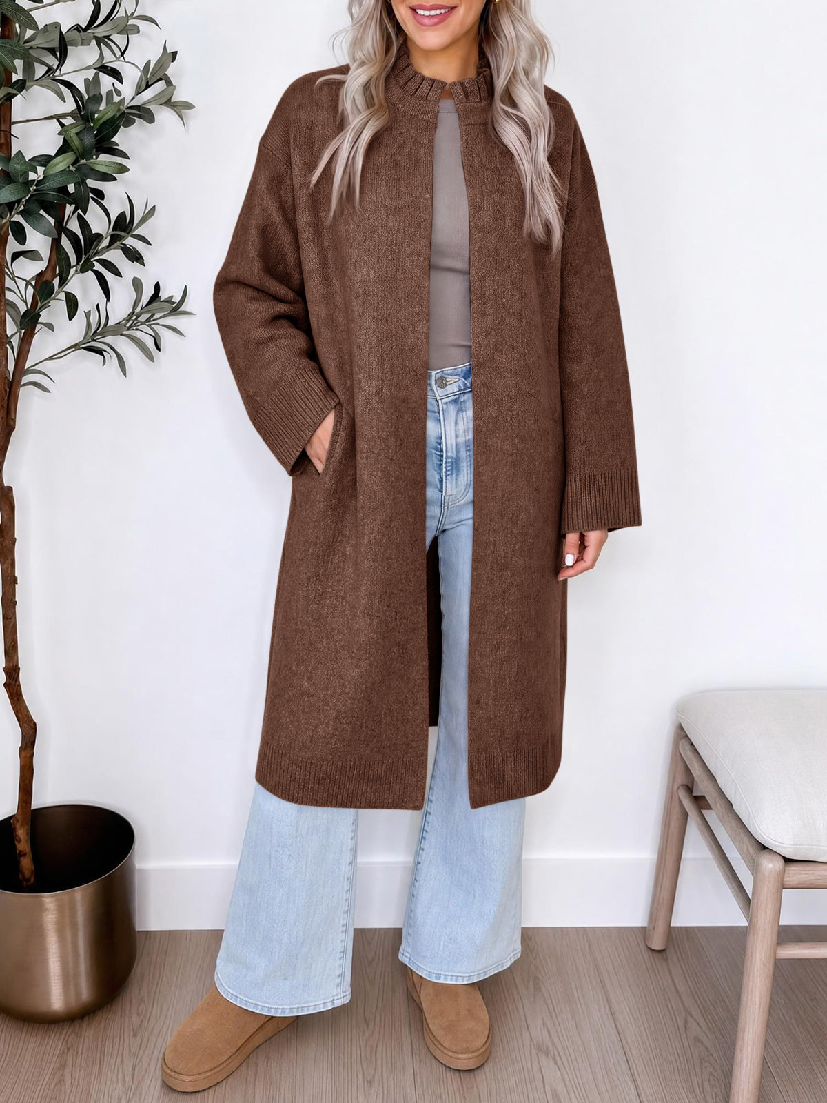 usvara Womens Ruffle Mock Neck Long Cardigan
