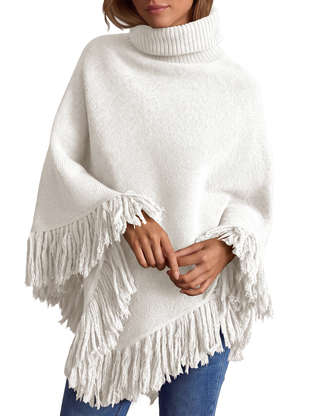 usvara Womens Fringe Turtleneck Poncho Sweater