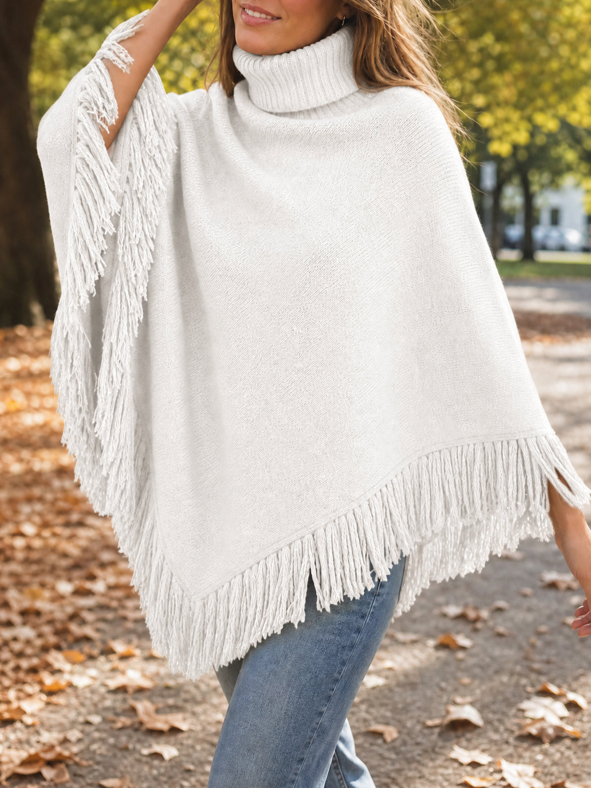 usvara Womens Fringe Turtleneck Poncho Sweater