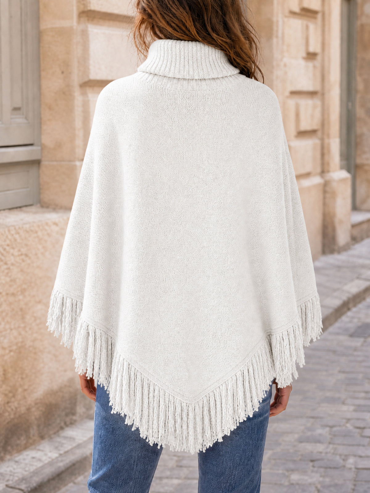 usvara Womens Fringe Turtleneck Poncho Sweater