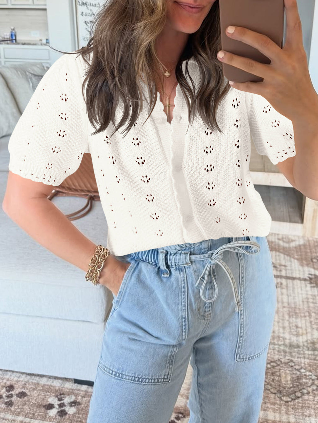 usvara Women Crochet Puff Sleeve Cardigan