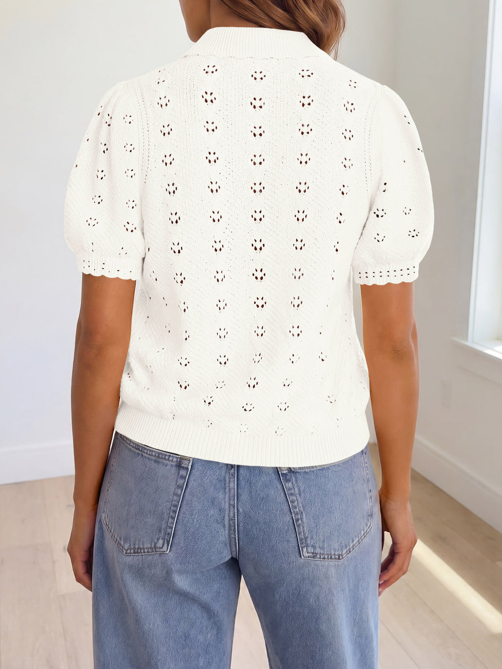 usvara Women Crochet Puff Sleeve Cardigan