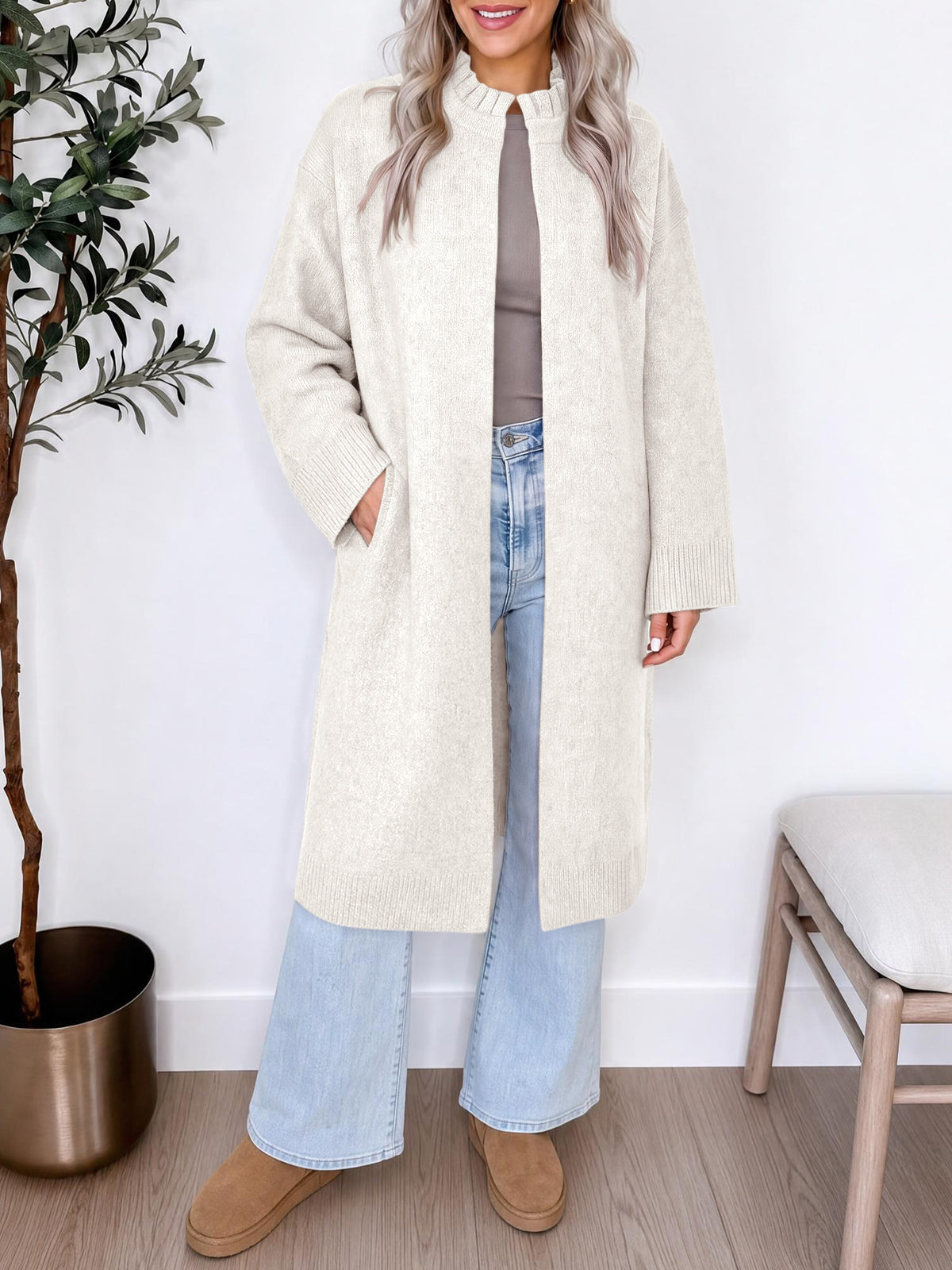 usvara Womens Ruffle Mock Neck Long Cardigan