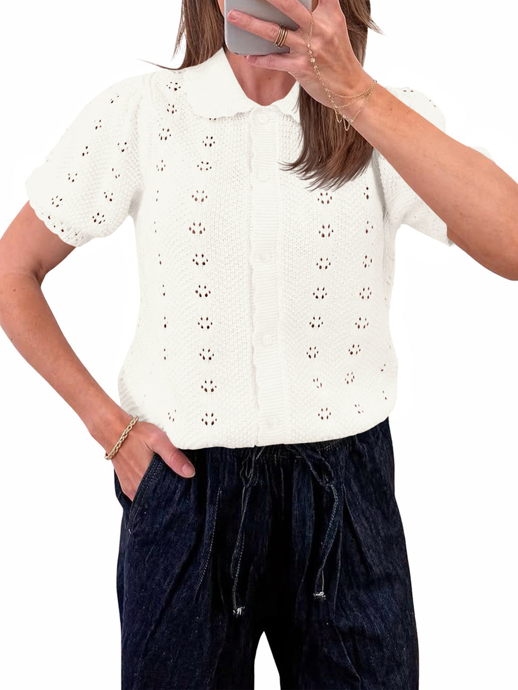 usvara Women Crochet Puff Sleeve Cardigan
