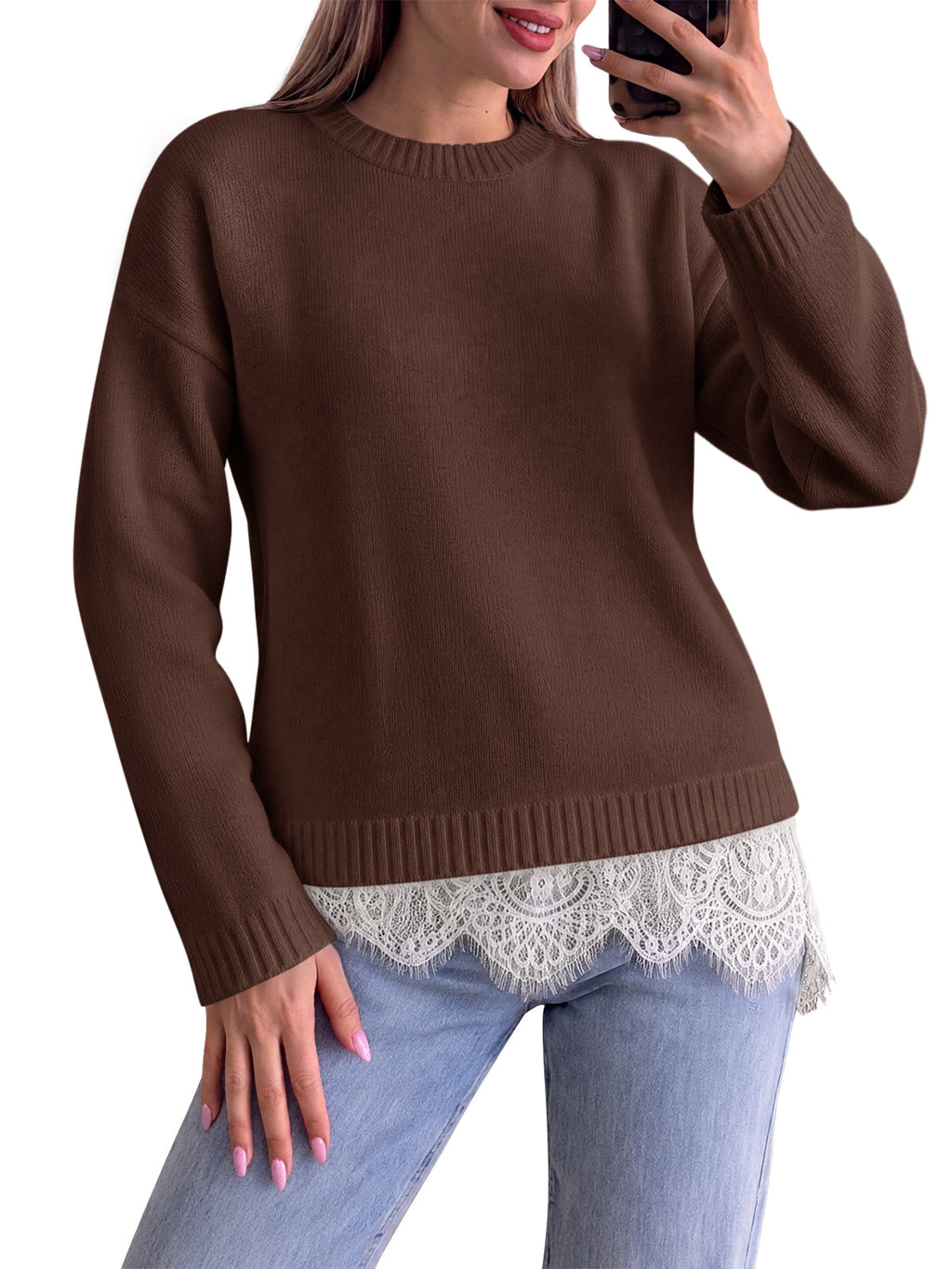 usvara Womens Lace Patchwork Knit Sweater