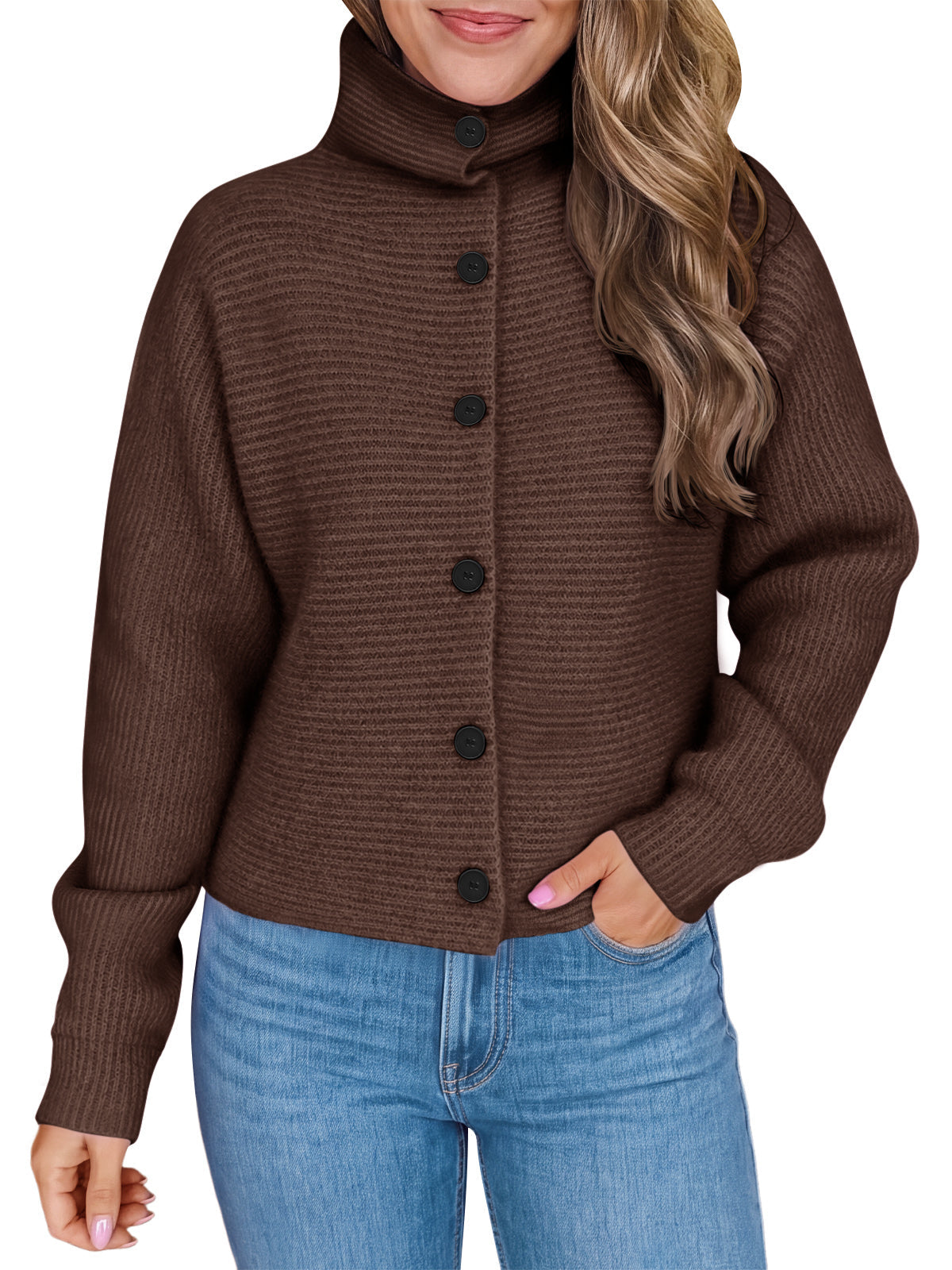 usvara Womens Mock Neck Button Cardigan